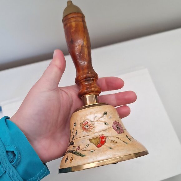 Vintage Brass & Wood Bell - Floral Cloisonne - Picture 3 of 5
